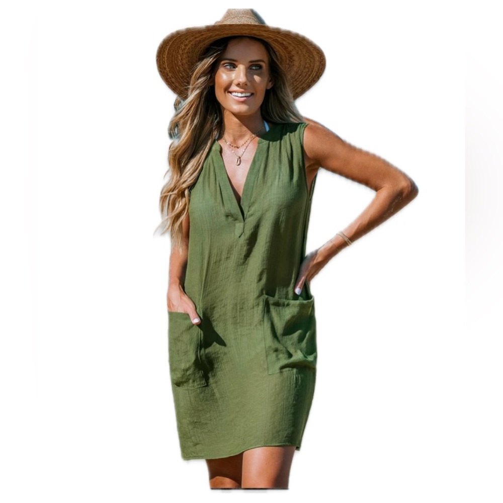 Cupshe Olive Patch Pocket Mini Cover-Up Dress green swim dress NWT‎ large sunmer